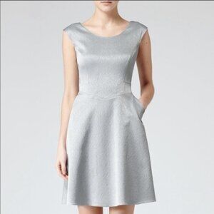 Reiss Cole Sleeveless Fit Flare Dress Silver Womens 2 Pockets Cocktail Textured